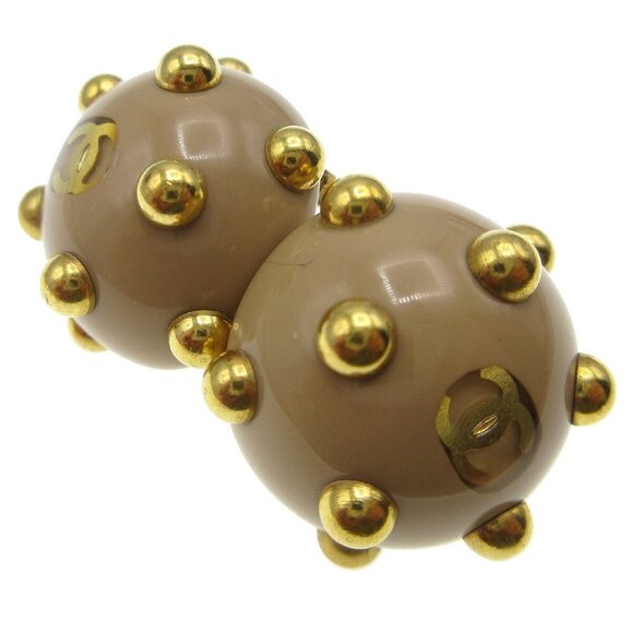 Chanel Studs Button Earrings Beige Gold Clip-On - Picture 2 of 5